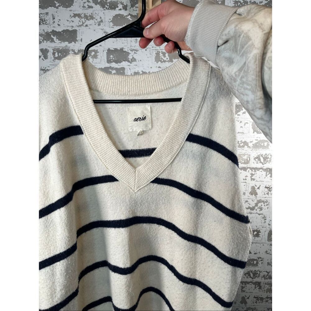 Aerie | women black and cream striped vneck sweater oversized